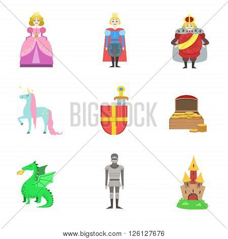 King, Prince, Princess And Related To Them Objects Set Of Flat Vector Icons In Cute Girly Style Isolated On White Bckground
