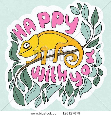Vector illustration about cute hameleons on leaves - greetings card happy with you.