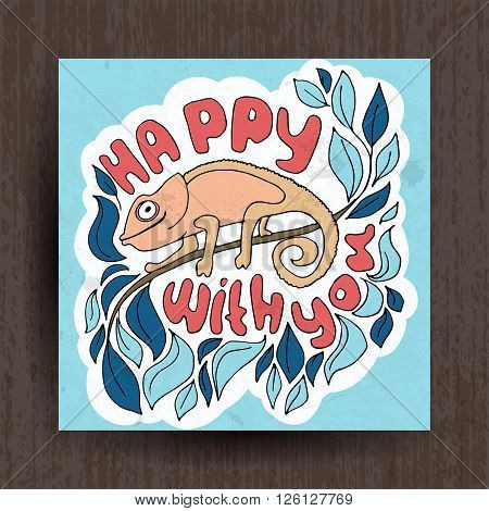 Vector illustration about cute hameleons on leaves - greetings card happy with you.