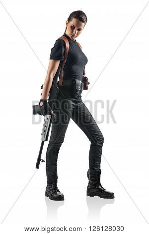 Woman Police Officer Is Holding Kalashnikov. Isolated On White.