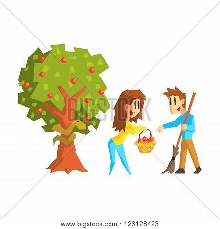 Woman Offering Apples To Guy Primitive Geometric Cartoon Style Flat Vector Design Isolated Illustration