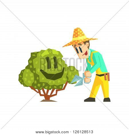 Guy Cutting The Bush Primitive Geometric Cartoon Style Flat Vector Design Isolated Illustration