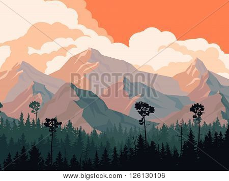 Horizontal illustration coniferous forest with mountains and cloudy sky.
