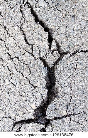 Macro Closeup On Concrete Asphalt Cracks On The Road.