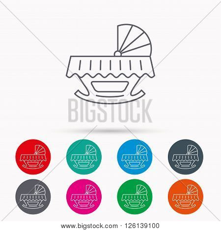 Baby cradle bed icon. Child crib sign. Newborn sleeping cot symbol. Linear icons in circles on white background.