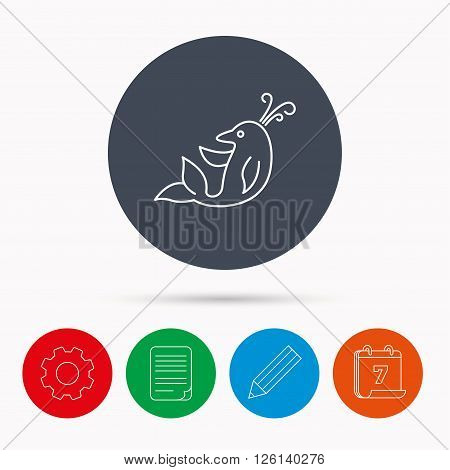 Dolphin icon. Cetacean mammal sign. Delphinidae with fountain symbol. Calendar, cogwheel, document file and pencil icons.