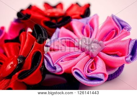 Kanzashi ornaments for women's hair. Barrette, elastic band. Handmade jewelry.