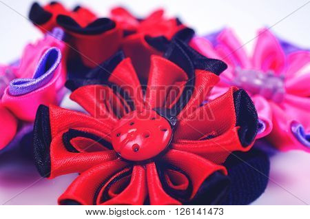 Kanzashi ornaments for women's hair. Barrette, elastic band. Handmade jewelry.