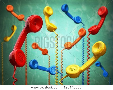 Telehone receivers of different colors hanging on the green background. Communication concept. 3d illustration