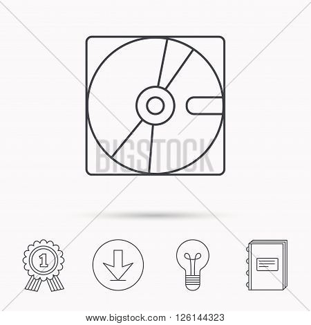 Harddisk icon. Hard drive storage sign. Download arrow, lamp, learn book and award medal icons.