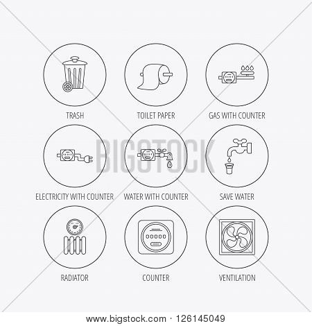 Ventilation, radiator and water counter icons. Toiler paper, gas and electricity counters linear signs. Trash icon. Linear colored in circle edge icons.