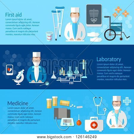 Medicine and pharmaceuticals banner pills doctors hospitals medicines laboratory syringes study