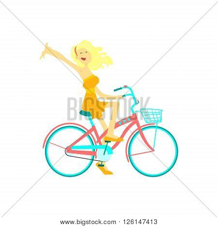 Happy Girl Riding Bicycle Flat Isolated Vector Image In Cute Cartoon Style On White Background