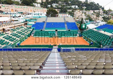 Monte Carlo, Monaco - 17 April, 2016: Clay tennis court prepared for the Monte-Carlo Rolex Masters finals. The tournament is played every year in the April-May period.