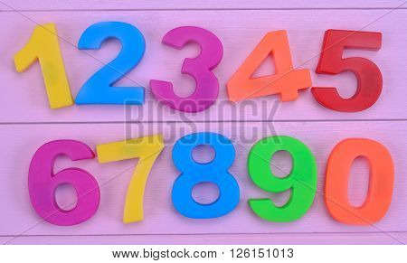 Colorful numbers on purple wooden table closeup