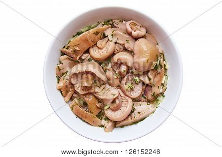 Mushroom salad on a white background. top view