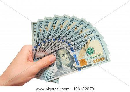 it is a lot of dollars in a hand on a white background