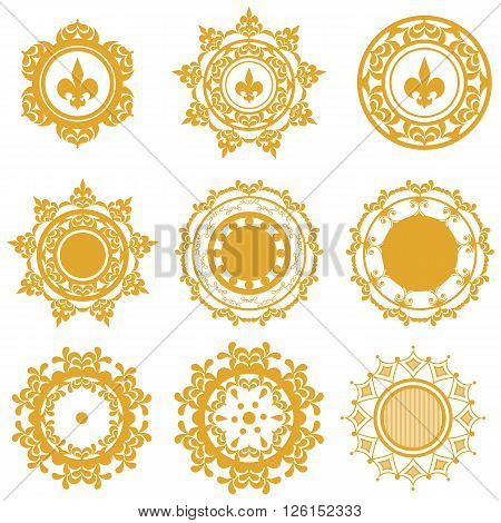 Set of yellow or gold mandalas with vegetable patterns and a heraldic lily. Round ornaments for decoration. Vector illustration
