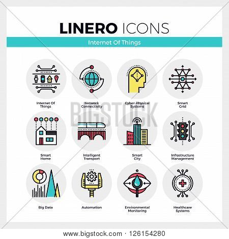 Line icons set of internet of things technology infrastructure. Modern color flat design linear pictogram collection. Outline vector concept of mono stroke symbol pack. Premium quality web graphics material.