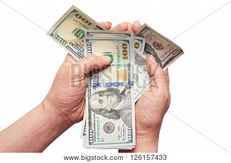 hands hold dollars on a white background