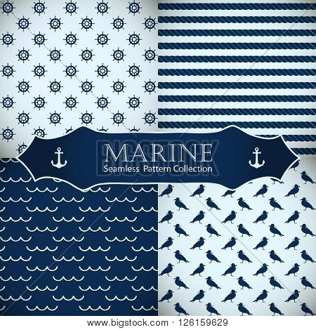 Set of sea and nautical backgrounds in dark blue and white colors. Sea theme. Seamless patterns collection. Vector illustration.