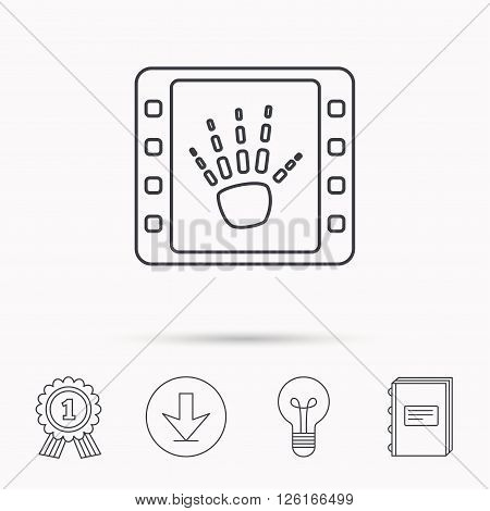 Hand X-ray icon. Human skeleton sign. Download arrow, lamp, learn book and award medal icons.