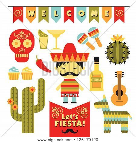 Vector set with traditional Mexican symbols. Cinco de Mayo. Let 's Fiesta!