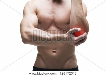 Pain in the elbow. Muscular male body. Isolated on white background with red dot