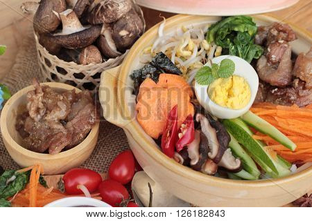 Bibimbap korean food is delicious placed on wood background
** Note: Soft Focus at 100%, best at smaller sizes