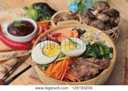 Bibimbap korean food is delicious placed on wood background
** Note: Visible grain at 100%, best at smaller sizes