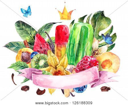 Tropical hand painting summer watercolor natural eco food background with ribbon, crown, fruits, ice cream and berries, exotic greeting card