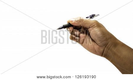 Men hand is ready for drawing with black marker. Isolated on white