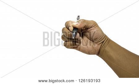 Men hand is ready for drawing with black marker. Isolated on white
