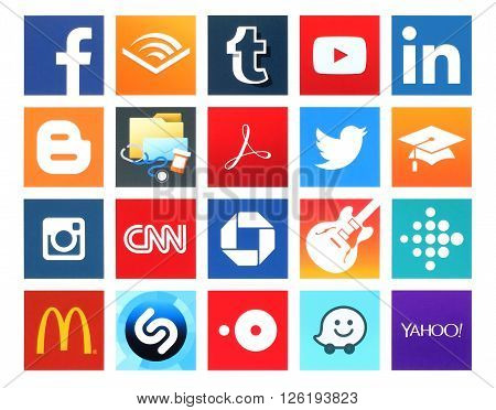 Kiev Ukraine - April 09 2016: Collection of popular 20 square icons of social networking books business education finance food health medical music navigation news photo and others