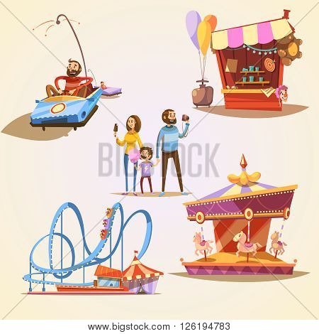 Amusement park cartoon set with retro style attractions isolated vector illustration