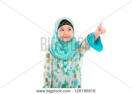 Close up of cute muslim girl on white background isolated.