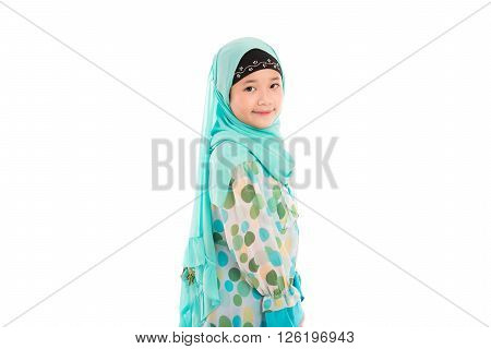 Close up of cute muslim girl on white background isolated.