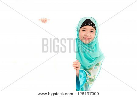 Close up of cute muslim girl on white background isolated.