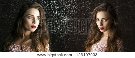 Collage two women. Portrait of Young brunette girls on dark studio wall background