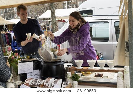 Amsterdam, Holland, April 9, 2016, Selling homemade soup at the Noorder market, healthy street food