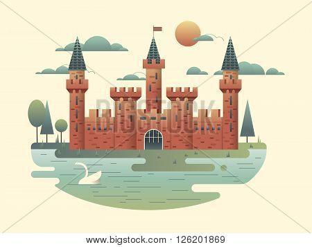 Castle design flat. Building medieval with tower, fortress architecture, palace of kingdom, vector illustration