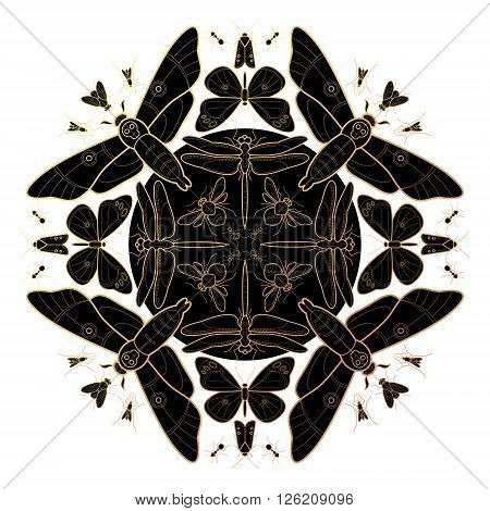 Vector composition of ornamental insects. Style mono line. Gold black pattern on a white background. Illustration for printing posters covers clothes T-shirts packaging. Natural motive.
