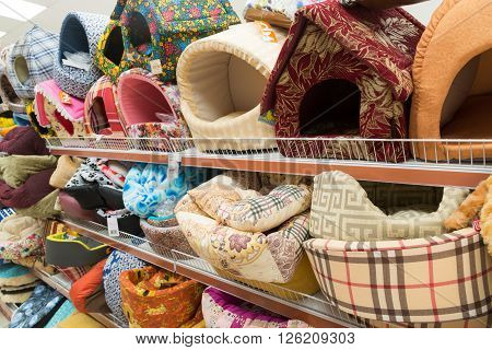 Moscow, Russia - April 16.2016. Carriers and couches in a Four paws pet store