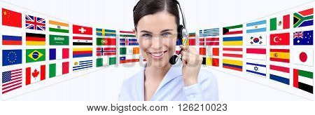 contact us customer service operator woman with headset smiling isolated on international flags background