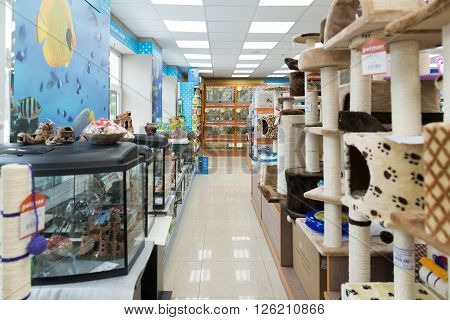 Moscow, Russia - April 16.2016. scratching posts in a Four paws pet store