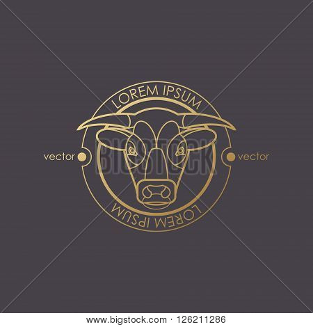 Vector illustration of a bull. Designed to create a logo icon in modern style mono line. Animal bull isolated on a black background. Print gold foil. The bull as a symbol of strength.