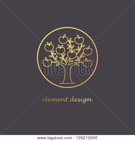 Vector abstract icon. The modern concept of gold foil printing on black background. Icon golden tree in a circle. Vintage. Design organic natural motifs. Image of apple tree with fruits.