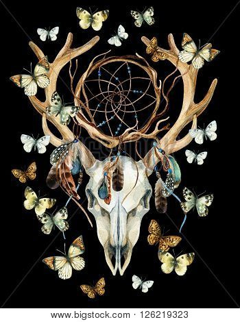 Deer skull. Animal skull with dreamcather and butterfly. Deer skull and ethnic dreamcatcher with feathers and butterfly isolated on black background. Watercolor hand painted illustration.