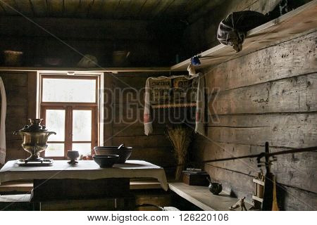 Vitoslavlitsy, Russia - March 12, 2016- Red corner in an old hut, 
The interiors of the museum of wooden architecture 