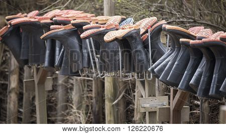 A lot of rubber boot drying in the sun